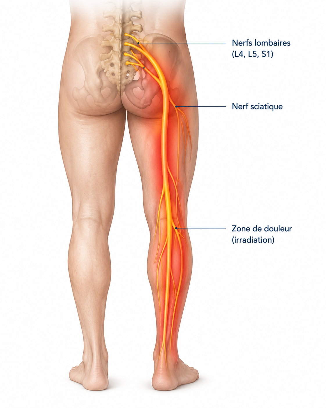 Trajet Du Nerf Sciatique De La Région Lombaire Vers La Fesse, La Jambe Et Le Pied