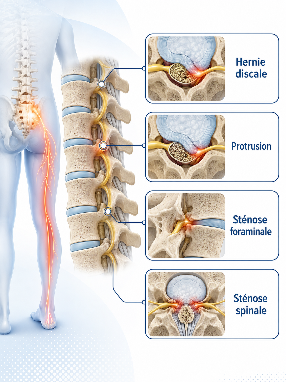 Causes Possibles D’une Douleur Sciatique : Hernie Discale, Protrusion, Sténose Foraminale Et Sténose Spinale