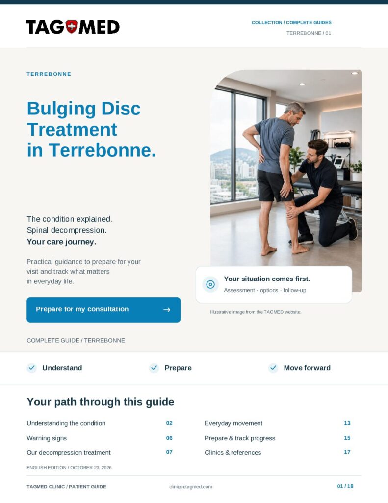TAGMED PDF guide cover: Bulging Disc Treatment in Terrebonne