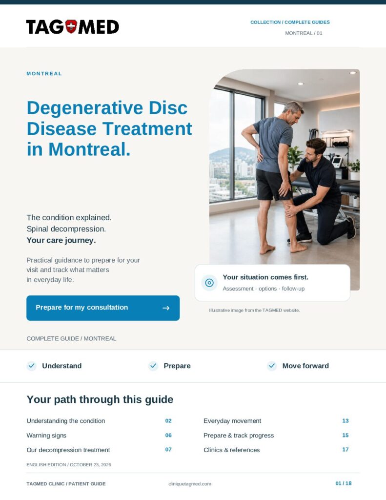 TAGMED PDF guide cover: Degenerative Disc Disease Treatment in Montreal