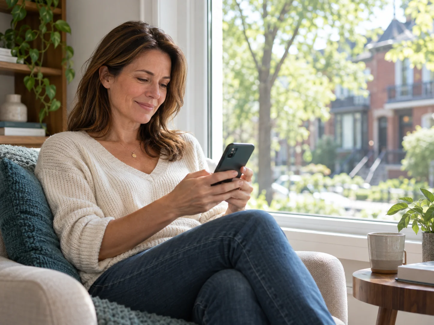 Régions Desservies — Grand Montréal 2 Femme Consultant Son Téléphone Près D’une Fenêtre