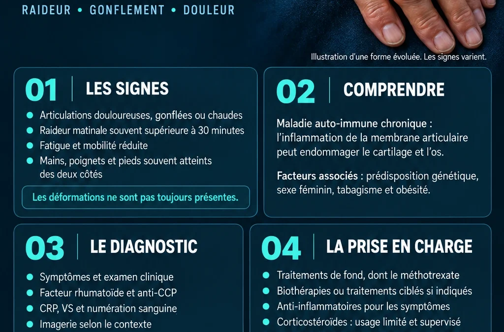 Polyarthrite Rhumatoïde : Symptômes, Diagnostic Et Traitements 4 Affiche Sur La Polyarthrite Rhumatoïde Montrant Des Articulations Des Doigts Gonflées Et Une Déviation Des Doigts Dans Une Forme Établie.