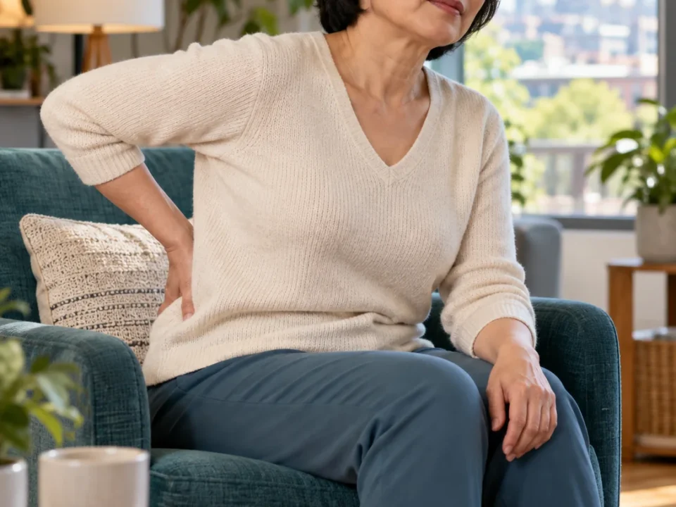 Woman sitting in an armchair with one hand near her lower back