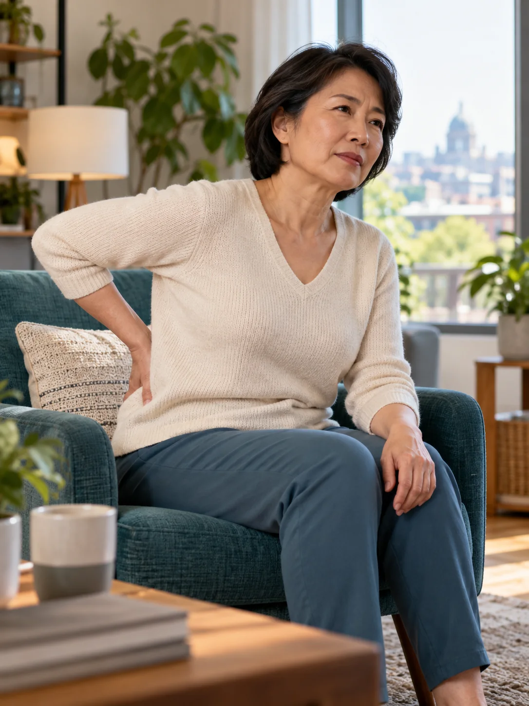 Femme Assise Dans Un Fauteuil, Une Main Près Du Bas Du Dos