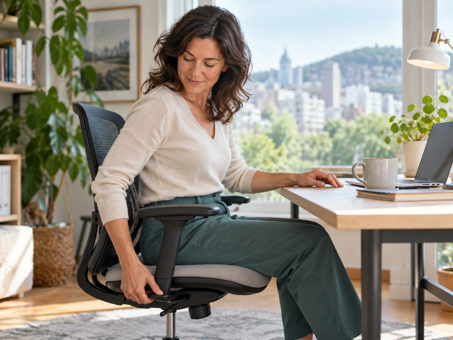 Femme Ajustant Sa Chaise À Un Poste De Travail