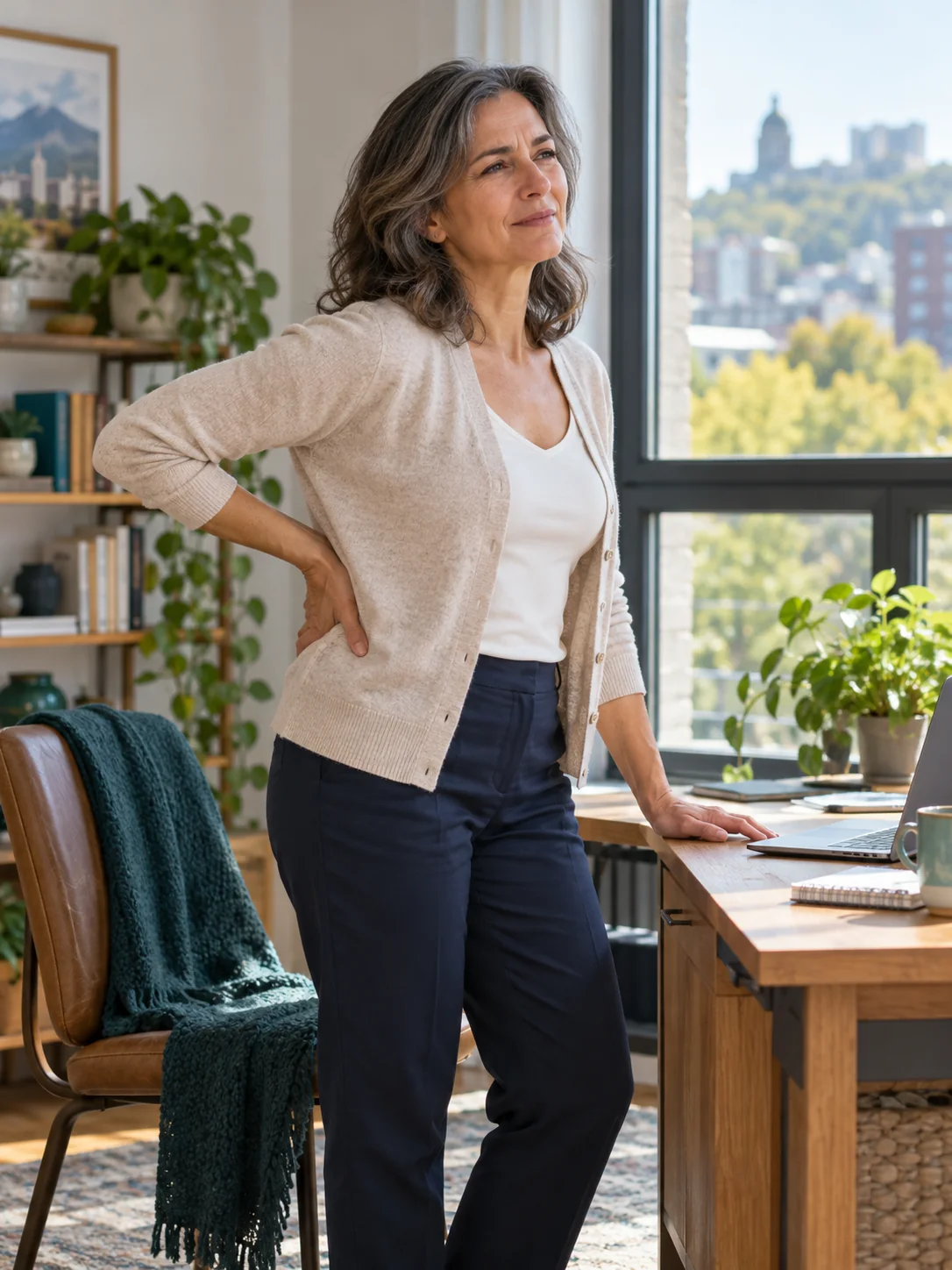 Femme Près De Son Bureau, Une Main Dans Le Bas Du Dos