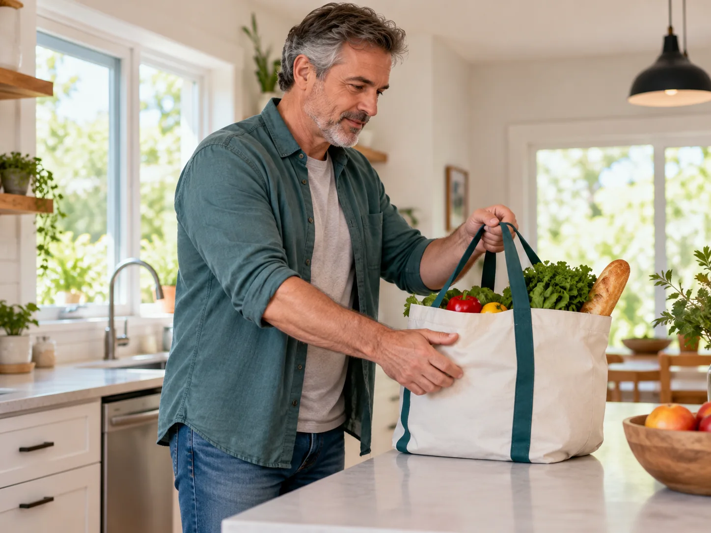 Homme Déposant Un Sac Léger Sur Un Comptoir De Cuisine