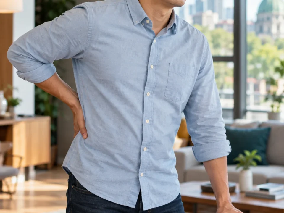 Man standing near a chair with one hand on his lower back