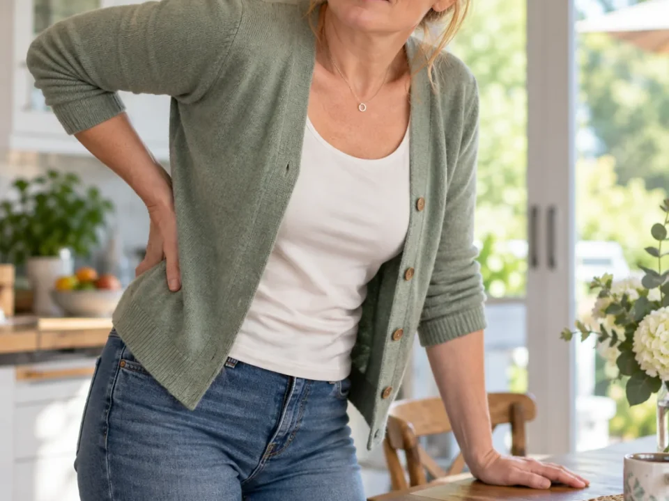 Woman standing near a table with one hand on her lower back
