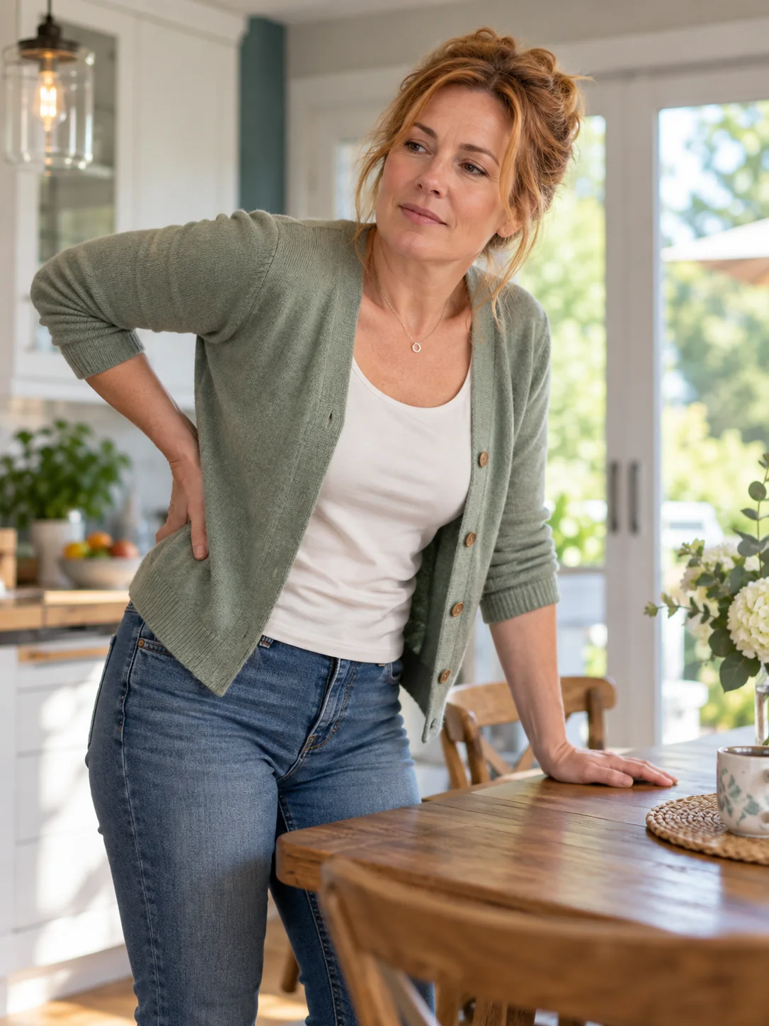 Traitement De La Protrusion Discale À Terrebonne 1 Woman standing near a table with one hand on her lower back