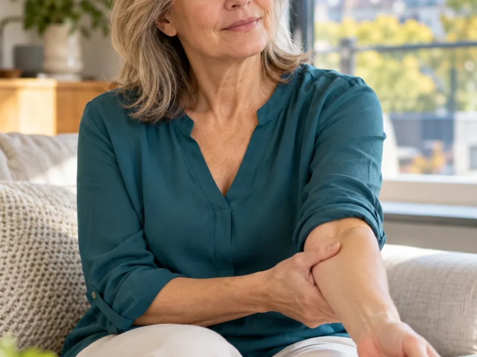 Seated woman gently supporting her forearm