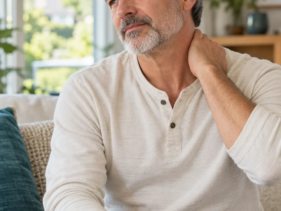 Seated man resting one hand at the base of his neck