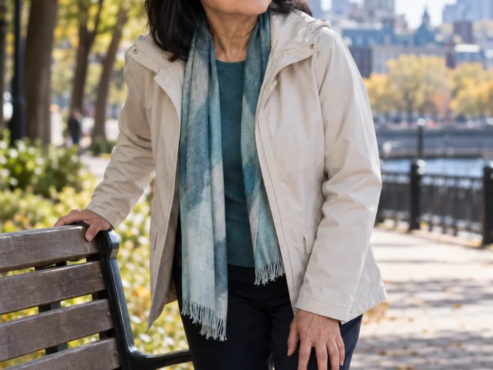 Woman taking a break near a bench on a level path